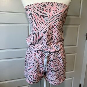New York & Co Strapless Romper‎ Pink Gray Zebra Print Drawstring Waist Casual XS